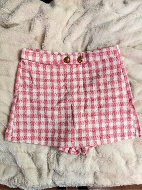 Zara Pink Gingham Tweed Skort with Gold Buttons